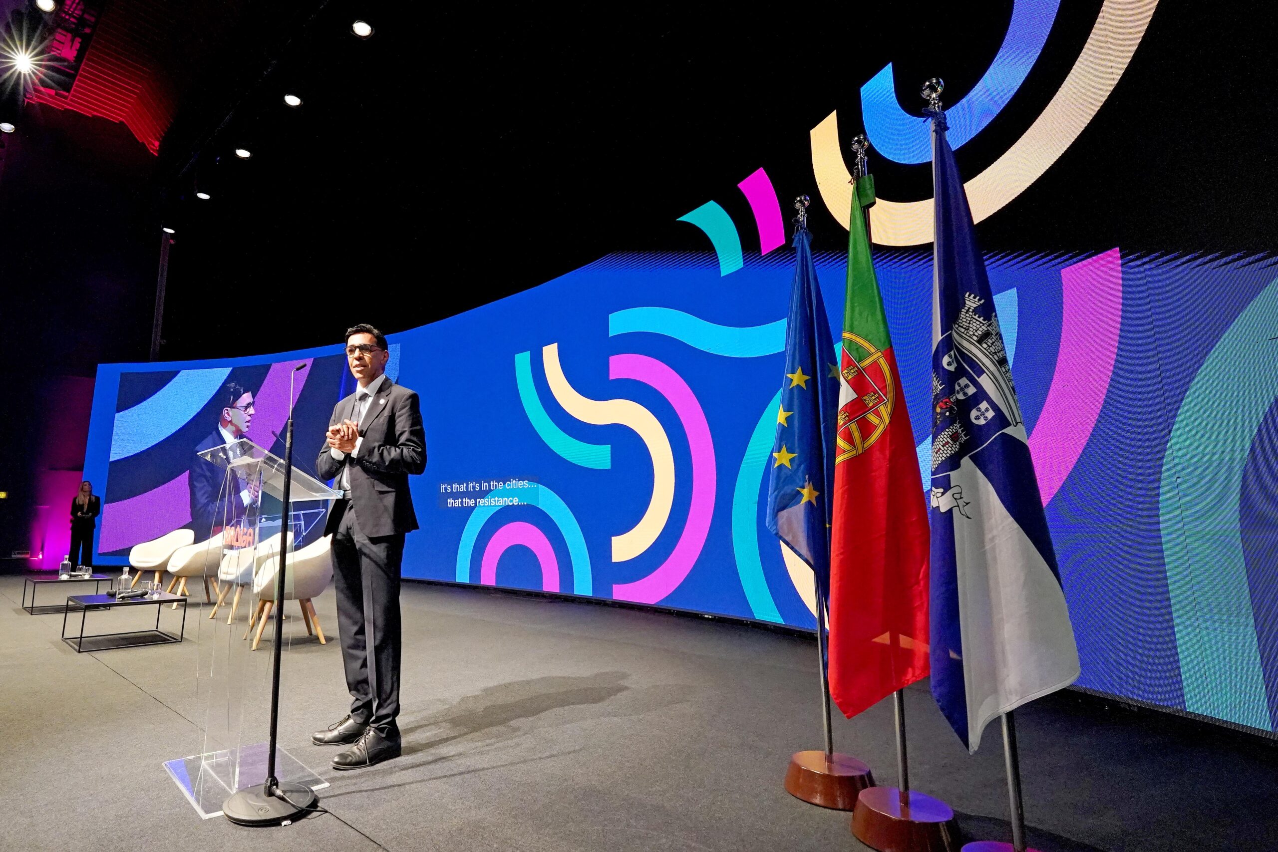 Conferência anual Eurocities, Cermimónia de abertura com Ricardo Rio, Mayor of Braga, Burkhard Jung Mayor Leipzig e Presidente Eurocities, Younous Omarjee, Vice president European Parliament